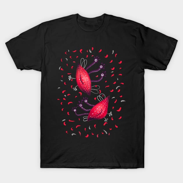 Cute Funny Red Three Eyed Cartoon Aliens T-Shirt by Boriana Giormova